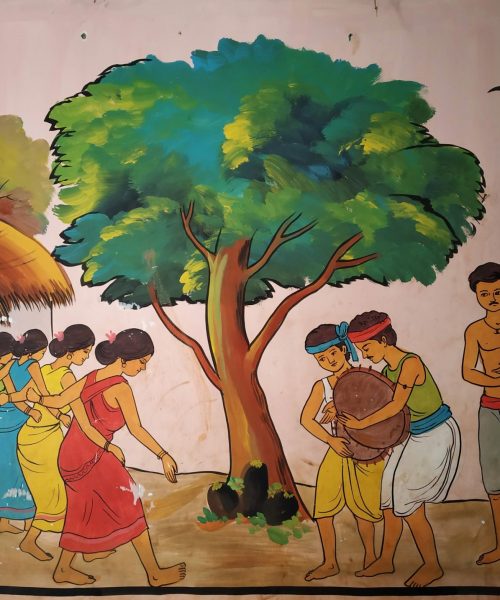 Wall painting inside a classroom in Tala Nagada. showing the traditional Changu dance of Juanga tribe